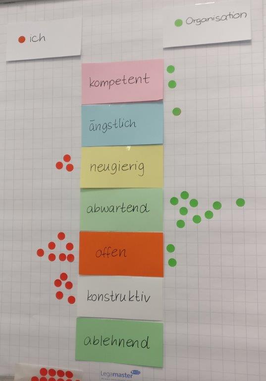 Workshopteilnehmer*innen wählen passende Adjektive in Bezug auf Digitalisierung für ihre Organisation und sich selbst