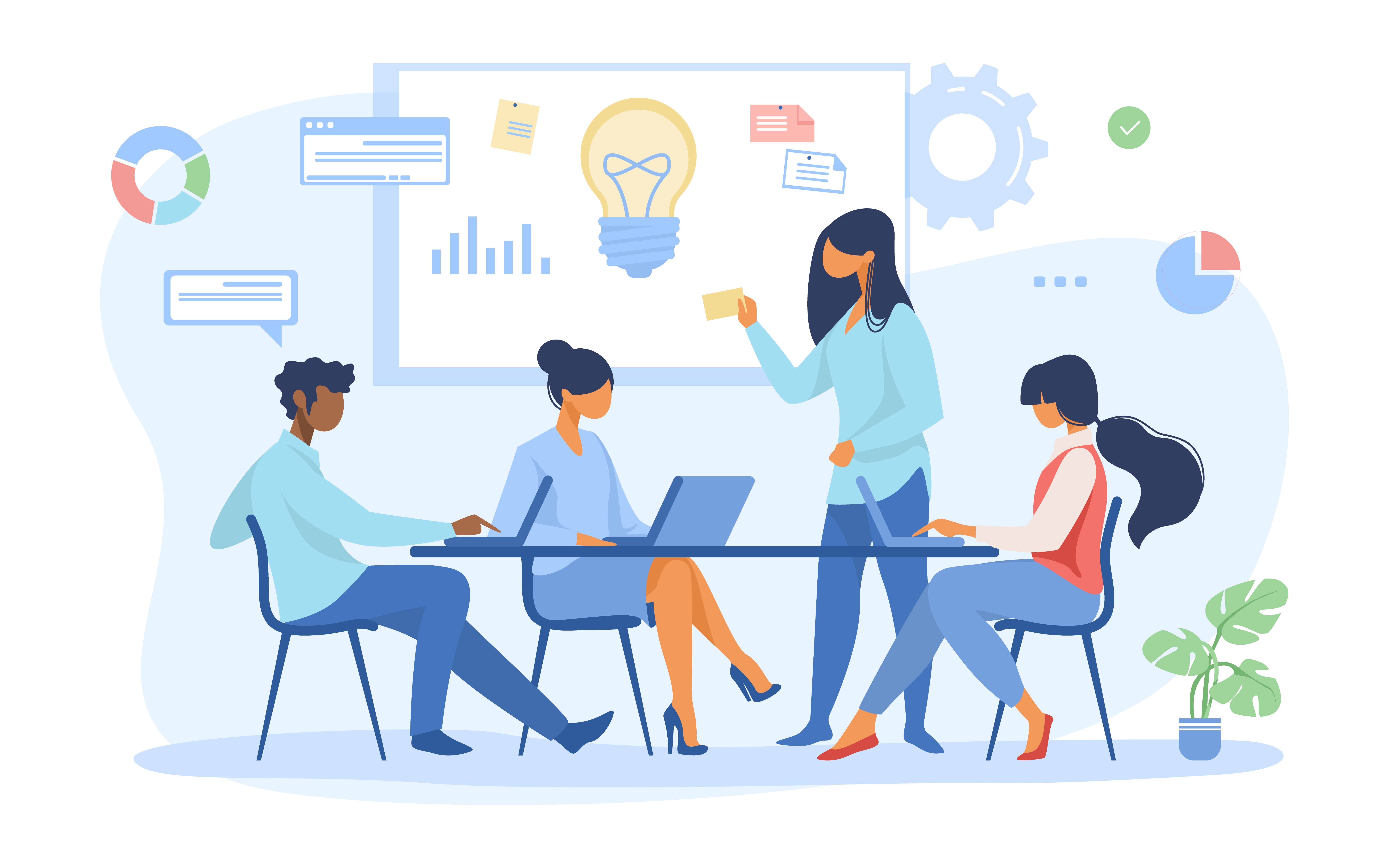 Illustrierte Darstellung verschiedener Personen, die gemeinsam als Team an Laptop und Whiteboard arbeiten