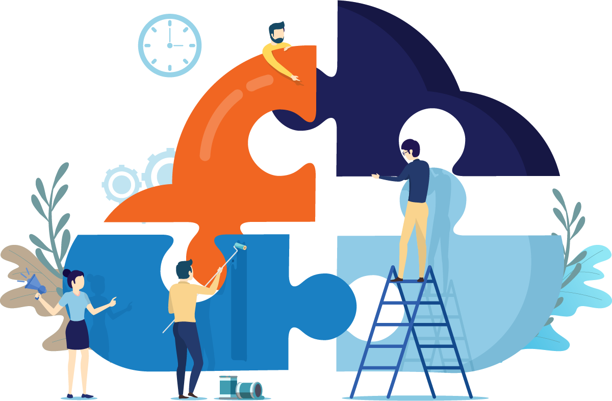 Illustrierte Darstellung verschiedener Personen, die als hybrides Team an an einem Projekt in Puzzleform arbeiten