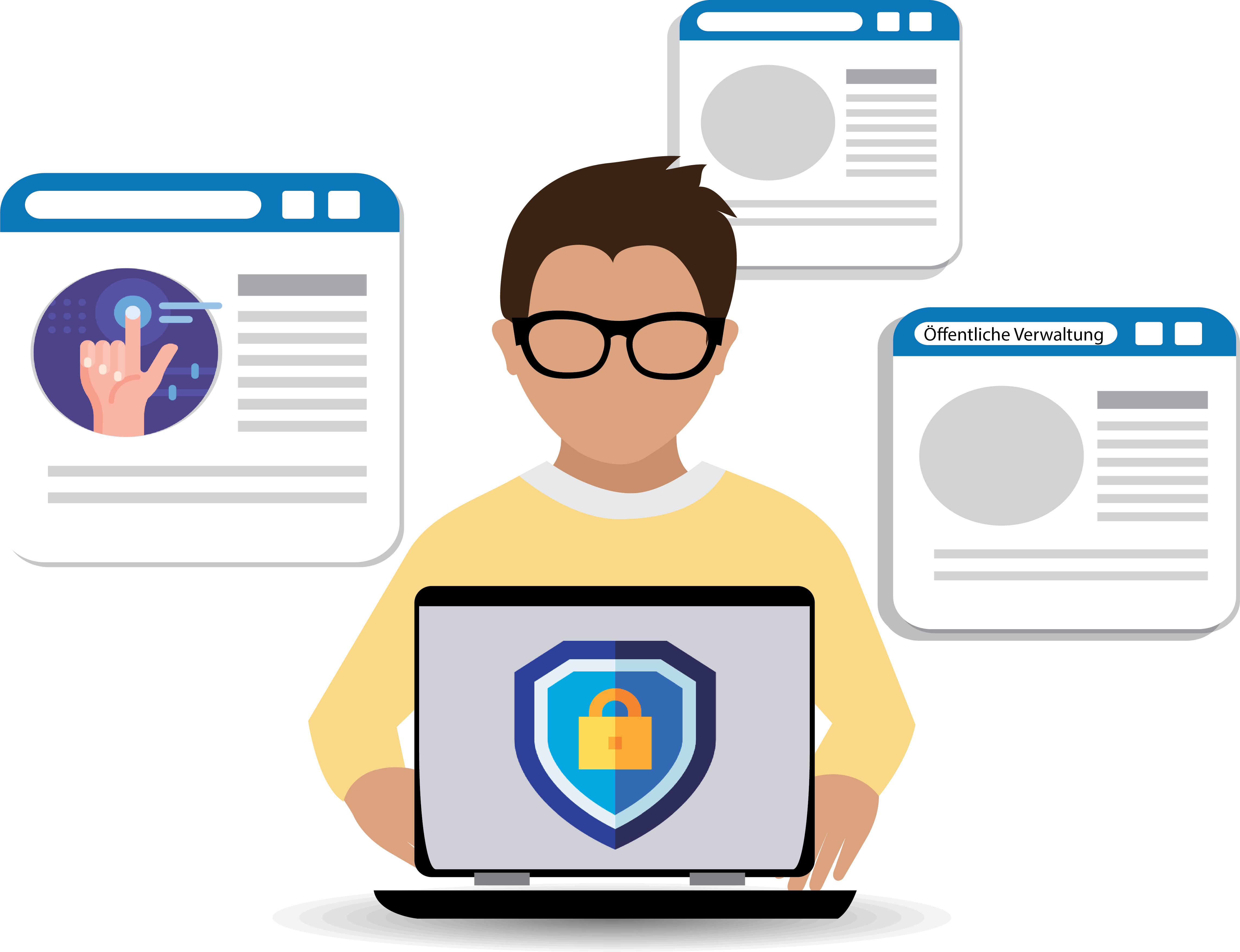 Illustrierte Darstellung einer Person, die DSGVO-konform und mit Datensicherheit an Projekten arbeitet