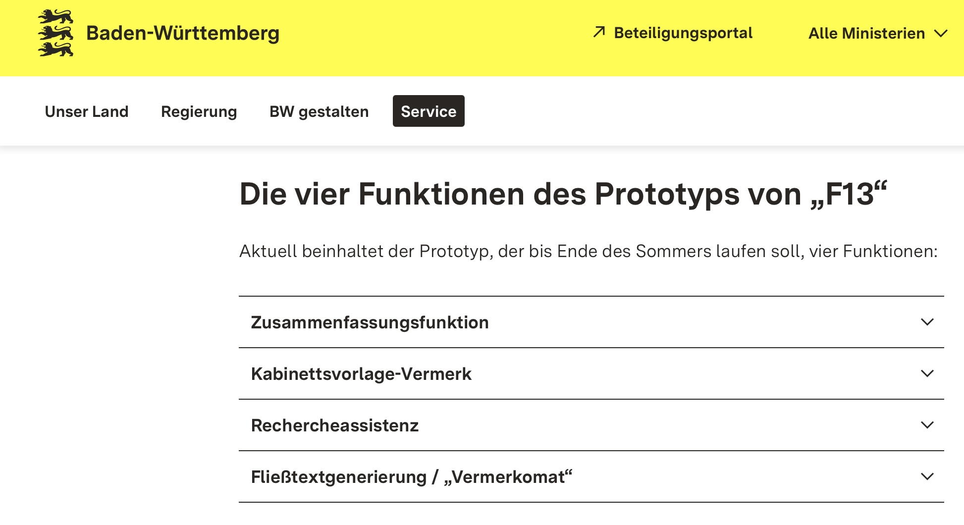 Übersicht der 4 Funktion von F13 aus Baden Württemberg 