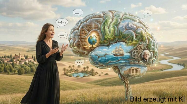 Bild einer Person, die sich mit dem Weltwissen unterhält (erzeugt mit KI)