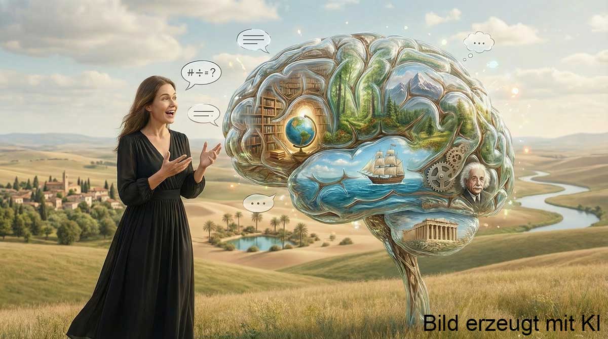Bild einer Person, die sich mit dem Weltwissen unterhält (erzeugt mit KI)
